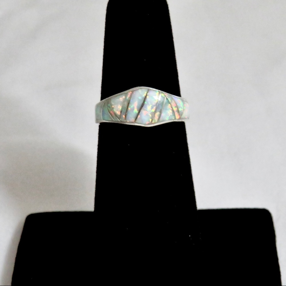 Sterling Silver Inlay White Lab Opal Band Ring